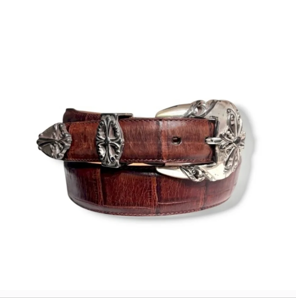 BRIGHTON Brown Croc Embossed Belt Silver Tone Filigree Details VINTAGE